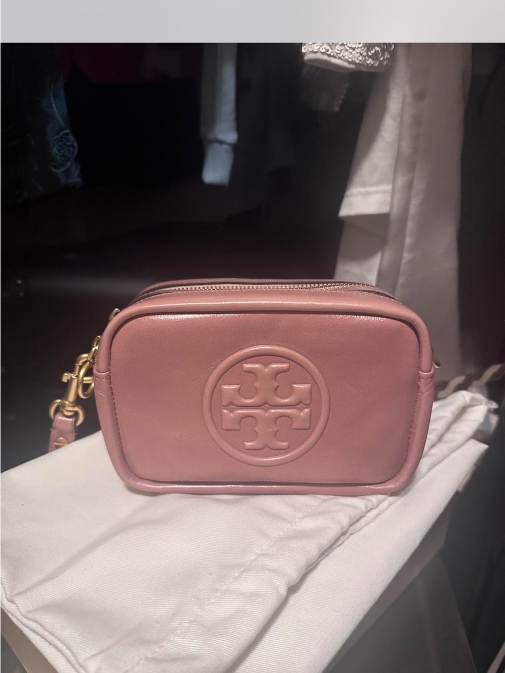 Tory Burch Rose Pink Leather Logo Camera Crossbody Bag
